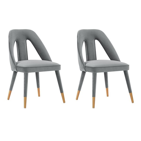 Chaises de salle à manger Neda Manhattan Comfort modernes rembourrées en gris velours et embouts or brossé, ensemble de 2