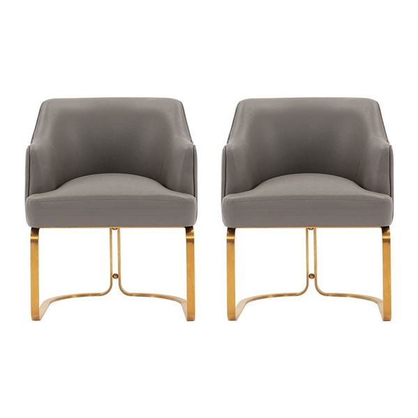 Manhattan Comfort Reeva Taupe Leatherette Upholstered Modern Dining Armchairs w/ Gold Metal Base - Set of 2