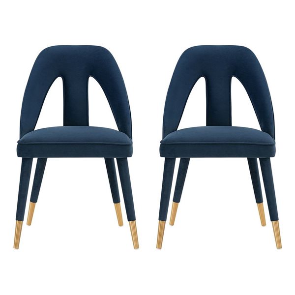 Manhattan Comfort Neda Midnight Blue Velvet Upholstered Modern Dining Chairs w/ Brushed Gold Metal Tips - Set of 2