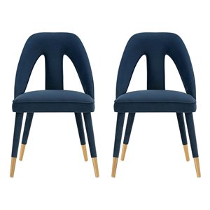 Manhattan Comfort Neda Midnight Blue Velvet Upholstered Modern Dining Chairs w/ Brushed Gold Metal Tips - Set of 2