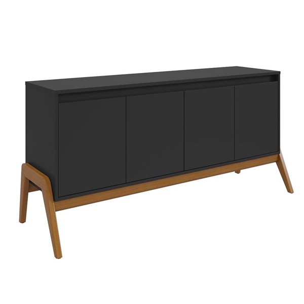 Manhattan Comfort Gales 63.32-in Mid-Century Modern Sideboard with Solid Wood Legs in Matte Black