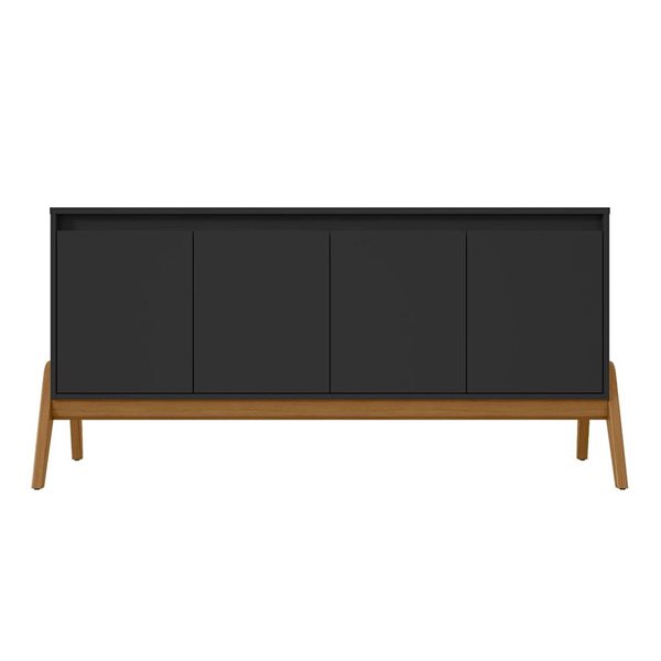 Buffet moderne du milieu du siècle de 63,32 po Gales par Manhattan Comfort avec pieds en bois massif en noir mat