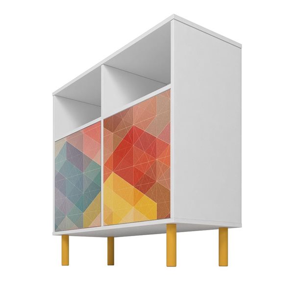 Manhattan Comfort Retro Mid-Century Modern 6-Shelf Sideboard in White and Red, Yellow, Blue Print