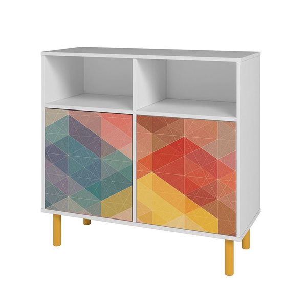 Manhattan Comfort Retro Mid-Century Modern 6-Shelf Sideboard in White and Red, Yellow, Blue Print