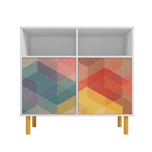 Manhattan Comfort Retro Mid-Century Modern 6-Shelf Sideboard in White and Red, Yellow, Blue Print