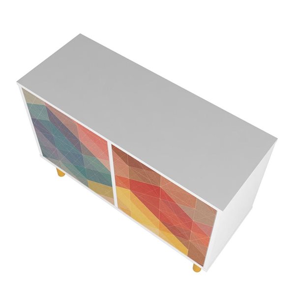 Manhattan Comfort Retro Mid-Century Modern 4-Shelf Accent Cabinet in White and Red, Yellow, Blue Print