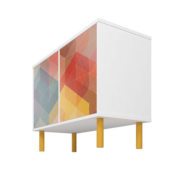 Manhattan Comfort Retro Mid-Century Modern 4-Shelf Accent Cabinet in White and Red, Yellow, Blue Print