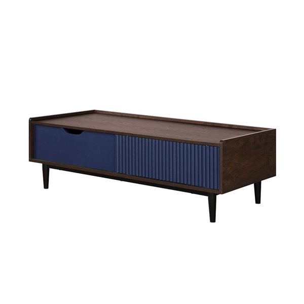 Manhattan Comfort Duane Modern Ribbed Coffee Table with Drawer and Shelf in Dark Brown and Navy Blue