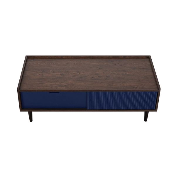 Manhattan Comfort Duane Modern Ribbed Coffee Table with Drawer and Shelf in Dark Brown and Navy Blue