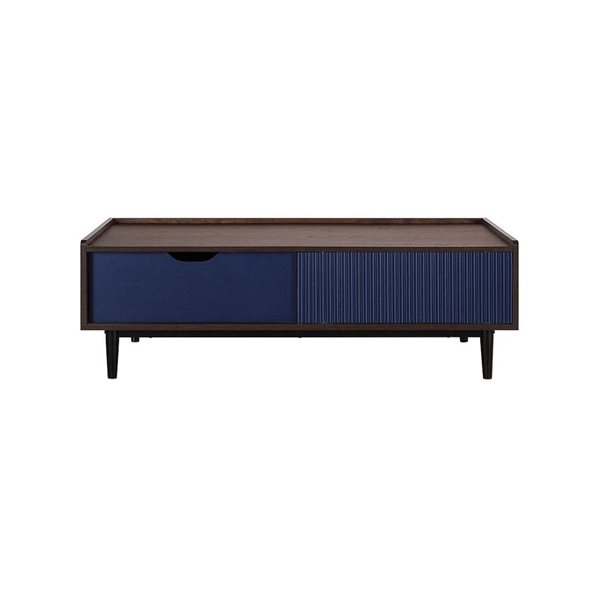 Manhattan Comfort Duane Modern Ribbed Coffee Table with Drawer and Shelf in Dark Brown and Navy Blue