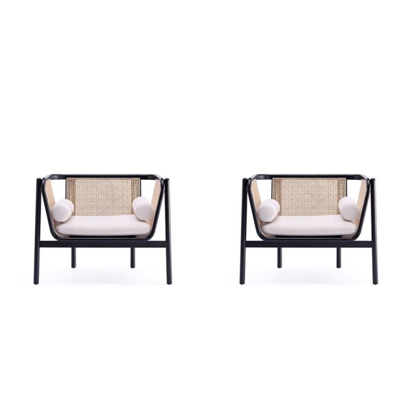 Manhattan Comfort Versailles Set of 2 Black, Natural Cane and Cream Accent Chair