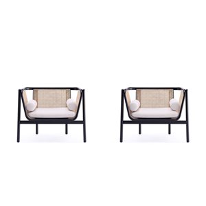 Manhattan Comfort Versailles Set of 2 Black, Natural Cane and Cream Accent Chair