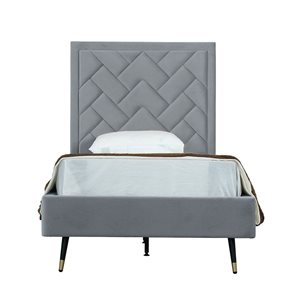 Manhattan Comfort Crosby Grey Velvet Upholstered Twin-Size Bed