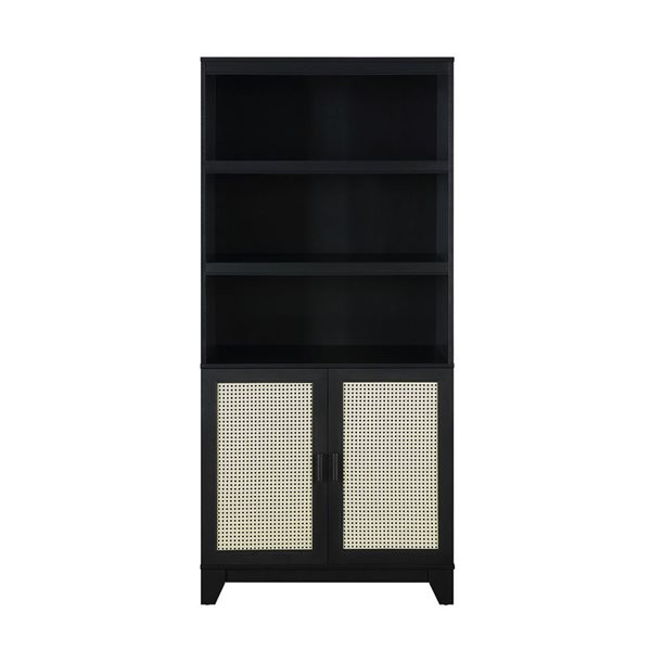 Manhattan Comfort Sheridan Modern Cane Black Bookcase with Adjustable Shelves