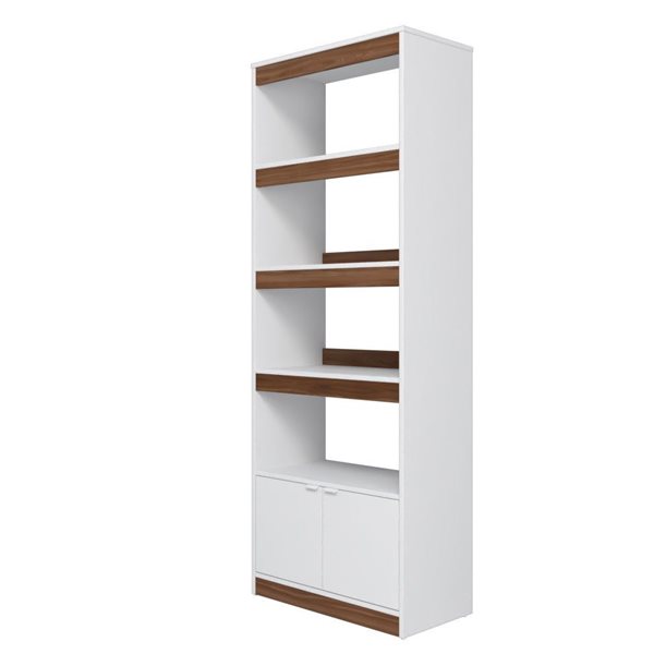 Bibliothèque à 4 tablettes er armoire 2 portes Ratzer de Manhattan Comfort moderne milieu du siècle, brun et blanc