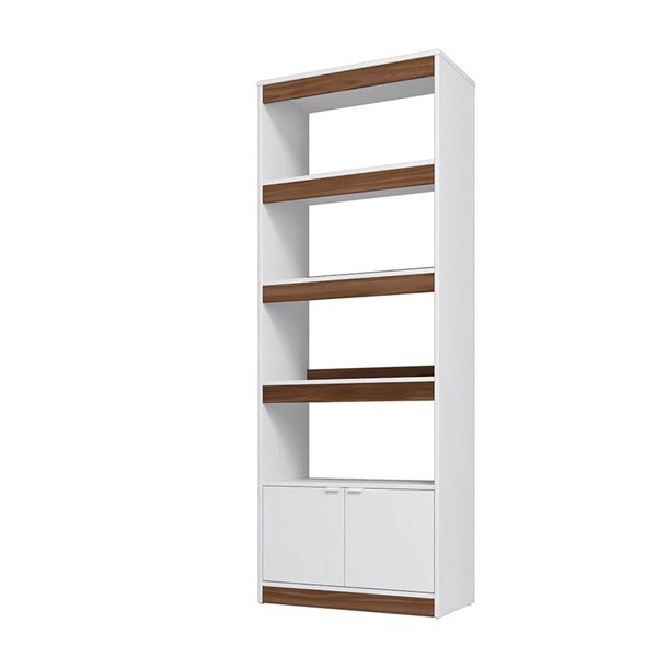 Bibliothèque à 4 tablettes er armoire 2 portes Ratzer de Manhattan Comfort moderne milieu du siècle, brun et blanc