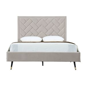 Manhattan Comfort Crosby Greige Velvet Upholstered Queen-Size Bed