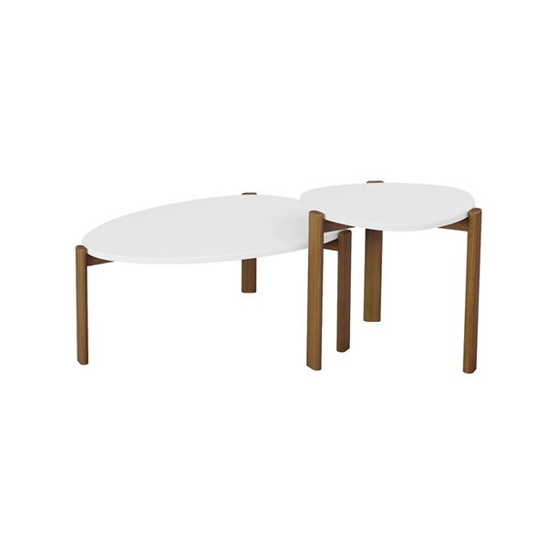 Manhattan Comfort Gales White Mid-Century Modern 2-Piece End Table and Coffee Table Set with Solid Wood Legs