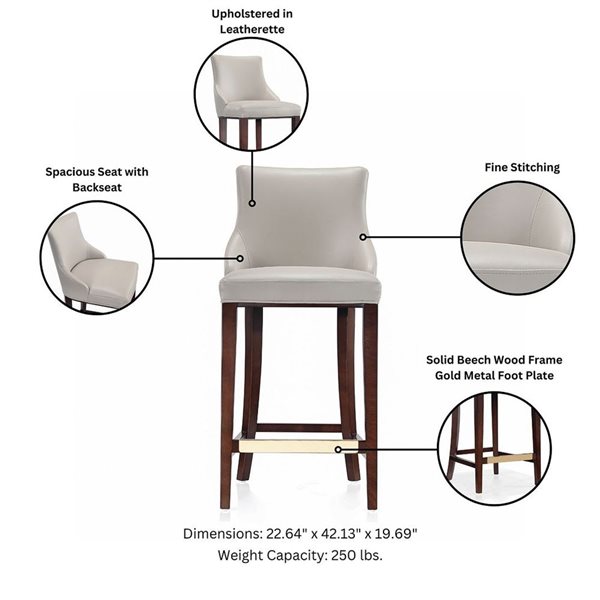 Manhattan Comfort Shubert Set of 2 Light Grey Leatherette Upholstered Barstool