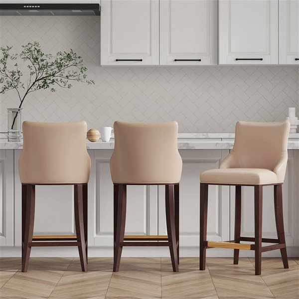 Manhattan Comfort Shubert Set of 3 Tan Leatherette Upholstered Barstool