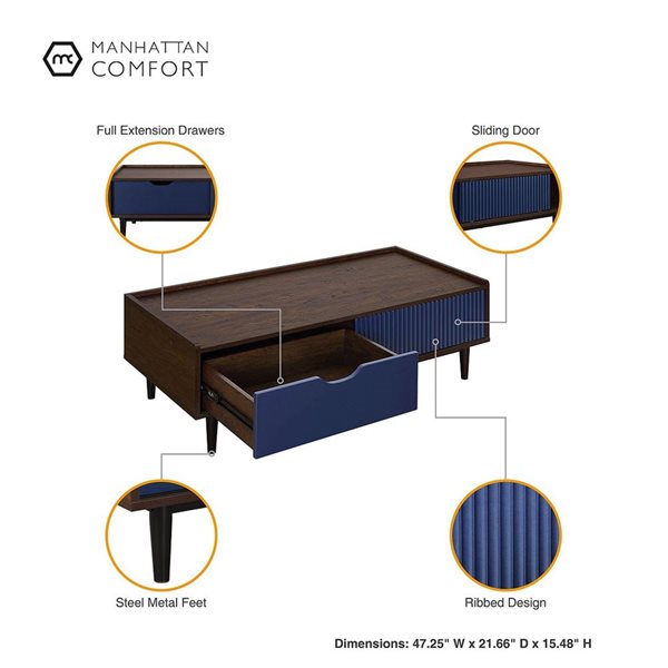 Manhattan Comfort Duane Dark Brown and Navy Blue Modern Ribbed End Table and Coffee Table