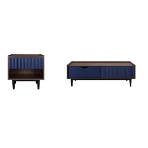 Manhattan Comfort Duane Dark Brown and Navy Blue Modern Ribbed End Table and Coffee Table