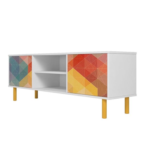 Meuble TV moderne 4 tablettes milieu du siècle Retro Manhattan Comfort 57,87 po en imprimé blanc et rouge, jaune et bleu