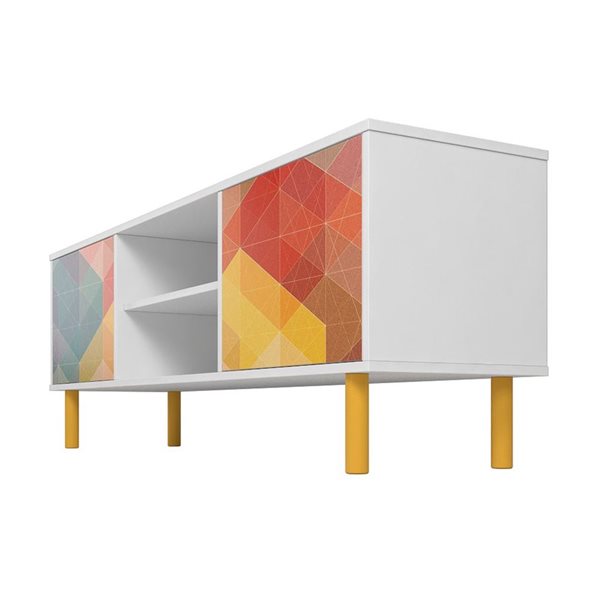 Meuble TV moderne 4 tablettes milieu du siècle Retro Manhattan Comfort 57,87 po en imprimé blanc et rouge, jaune et bleu