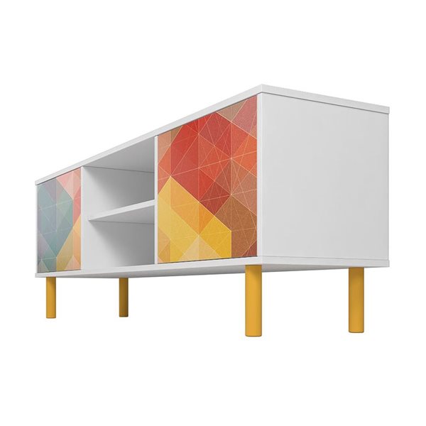 Meuble TV moderne 4 tablettes milieu du siècle Retro Manhattan Comfort 57,87 po en imprimé blanc et rouge, jaune et bleu