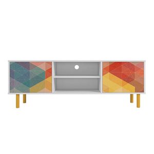 Manhattan Comfort Retro 57.87-in White and Red, Yellow, Blue Print Mid-Century Modern 4-Shelf TV Stand