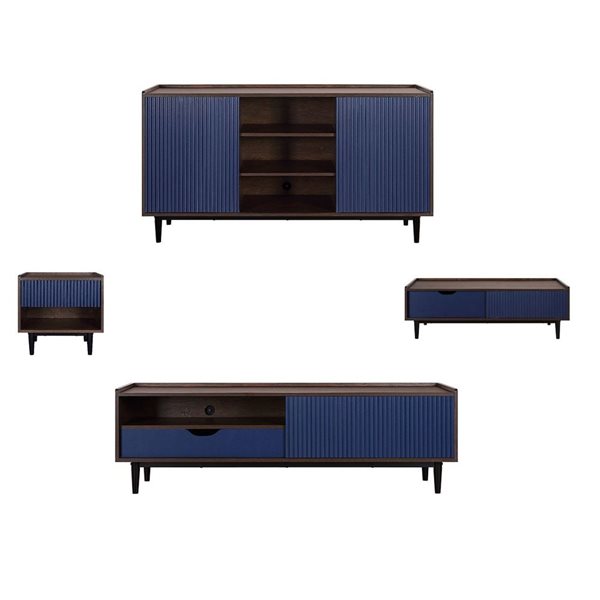 Manhattan Comfort Duane Modern Ribbed 4 Piece Living Room Set: Sideboard, TV Stand, Coffee Table, End Table in Dark Brown and Navy Blue Manhattan Comfort Duane Modern Ribbed 4 Piece Living Room Set: Sideboard, TV Stand, Coffee Table, End Table in Dark Brown and Navy Blue