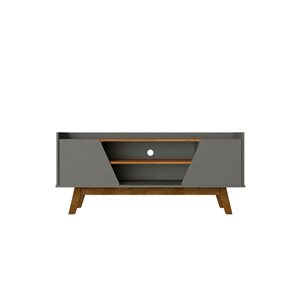 Meuble TV moderne du milieu du siècle 53,14 po Marcus Manhattan Comfort gris et naturel - pieds en bois massif