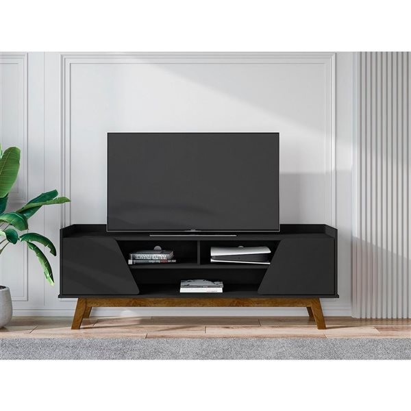 Manhattan Comfort Marcus 62.99-in Matte Black Mid-Century Modern TV Stand with Solid Wood Legs