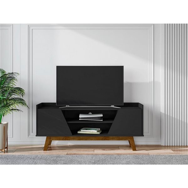 Manhattan Comfort Marcus 53.14-in Matte Black Mid-Century Modern TV Stand with Solid Wood Legs