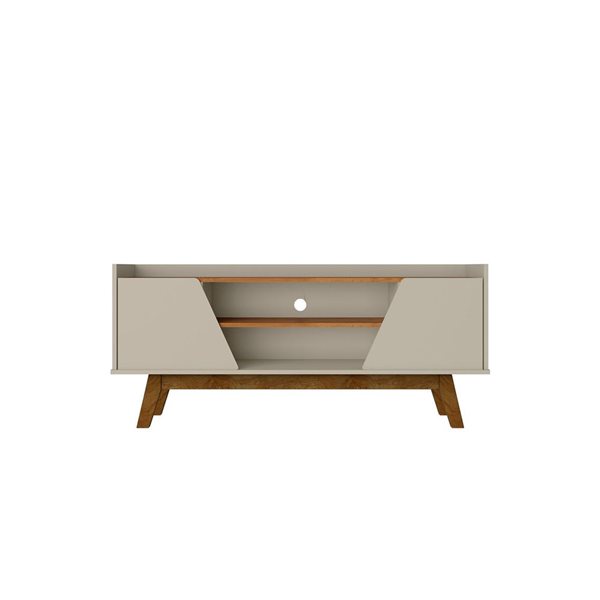 Manhattan Comfort Mid-Century Modern Marcus 53.14 TV Stand with Solid Wood Legs in Greige and Nature