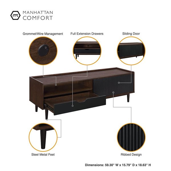 Manhattan Comfort Duane Modern Ribbed 4 Piece Living Room Set: Sideboard, TV Stand, Coffee Table, End Table in Dark Brown and Black Manhattan Comfort Duane Modern Ribbed 4 Piece Living Room Set: Sideboard, TV Stand, Coffee Table, End Table in Dark Brown and Black
