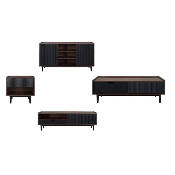 Manhattan Comfort Duane Modern Ribbed 4 Piece Living Room Set: Sideboard, TV Stand, Coffee Table, End Table in Dark Brown and Black Manhattan Comfort Duane Modern Ribbed 4 Piece Living Room Set: Sideboard, TV Stand, Coffee Table, End Table in Dark Brown and Black