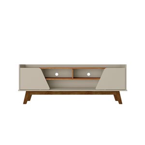 Manhattan Comfort Marcus 62.99-in Greige and Nature Mid-Century Modern TV Stand with Solid Wood Legs