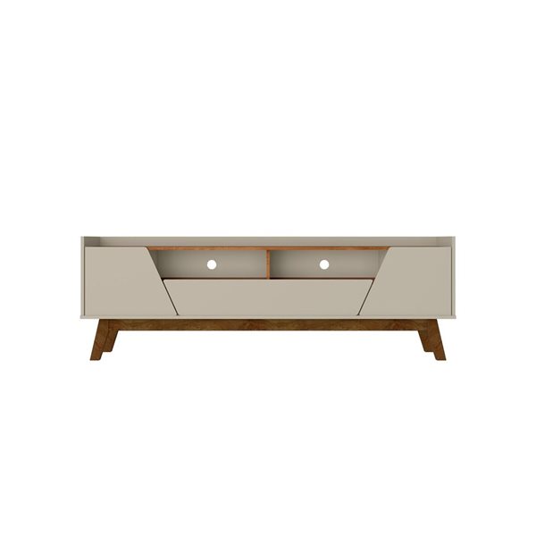 Manhattan Comfort Marcus 70.86-in Greige and Nature Mid-Century Modern TV Stand with Solid Wood Legs