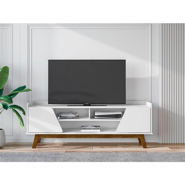 Manhattan Comfort Marcus 62.99-in White Mid-Century Modern TV Stand with Solid Wood Legs