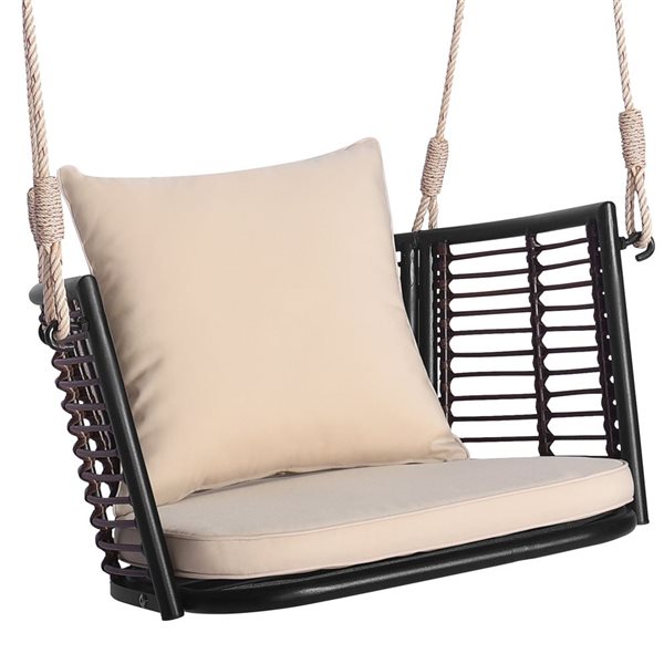 Single Person Hanging Seat with Woven Rattan Backrest for Backyard Beige costway