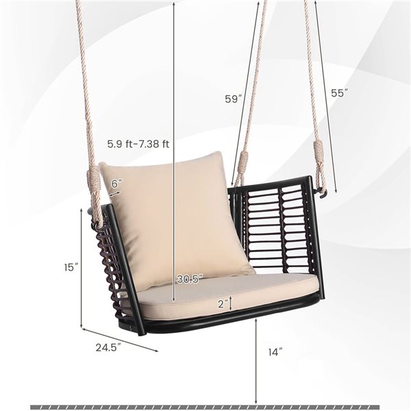 Costway Mix Brown Patio Hanging Rattan Basket Swing Chair with Beige Seat Cushion