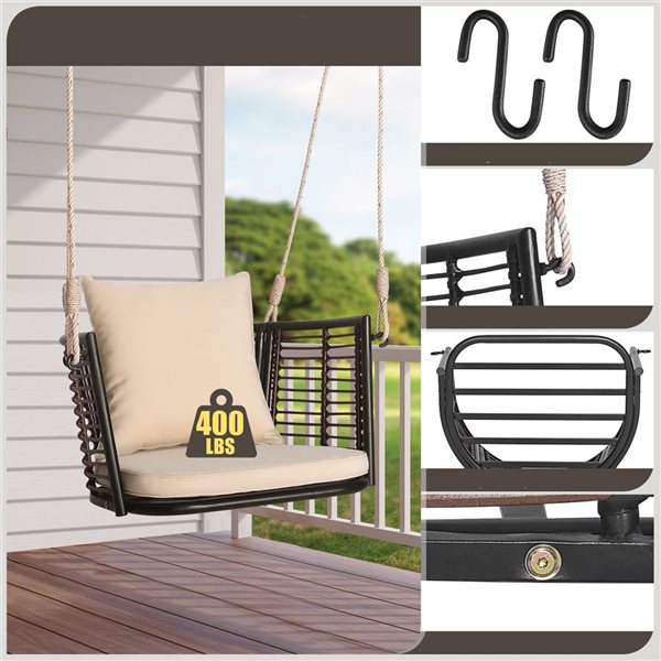 Costway Mix Brown Patio Hanging Rattan Basket Swing Chair with Beige Seat Cushion