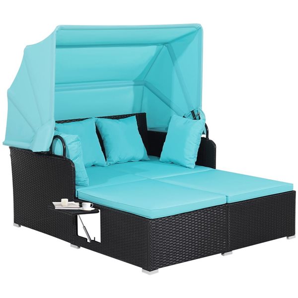 Costway Black Patio Rattan Daybed Lounge with Retractable Top Canopy and Side Tables - Turquoise Cushions