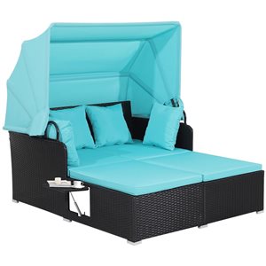 Costway Black Patio Rattan Daybed Lounge with Retractable Top Canopy and Side Tables - Turquoise Cushions