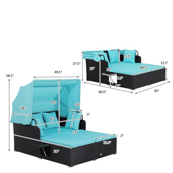 Costway Black Patio Rattan Daybed Lounge with Retractable Top Canopy and Side Tables - Turquoise Cushions