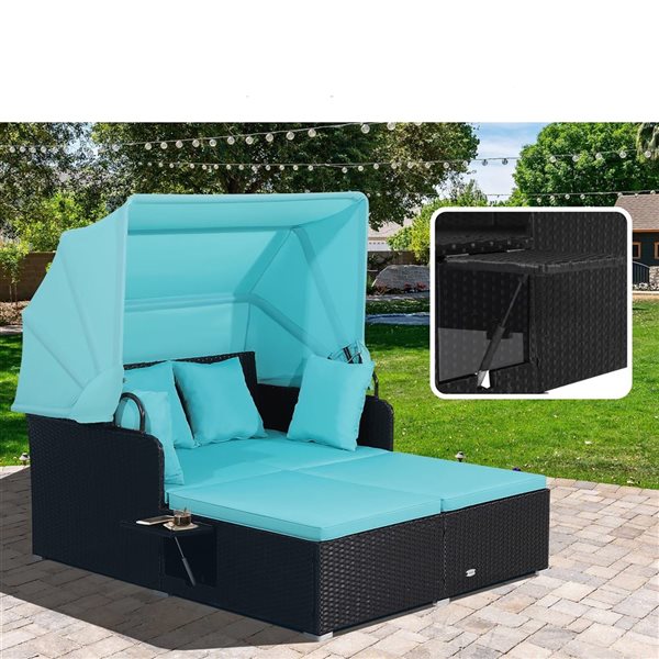 Costway Black Patio Rattan Daybed Lounge with Retractable Top Canopy and Side Tables - Turquoise Cushions