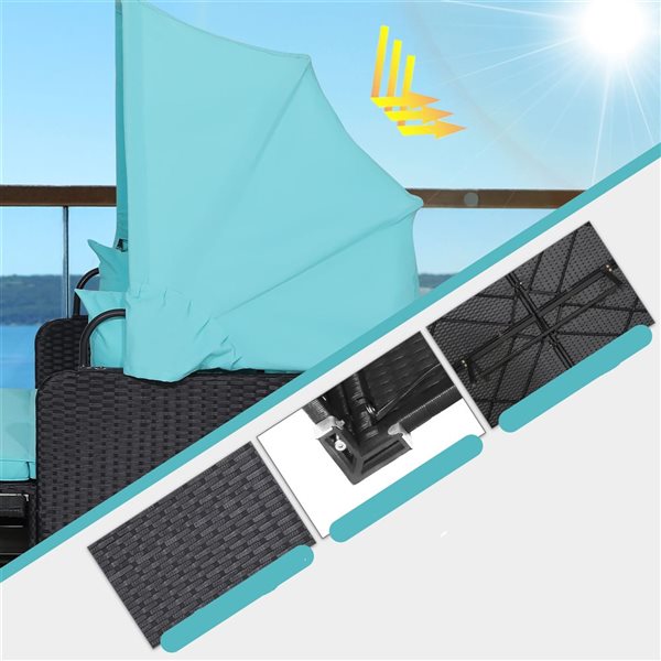 Costway Black Patio Rattan Daybed Lounge with Retractable Top Canopy and Side Tables - Turquoise Cushions