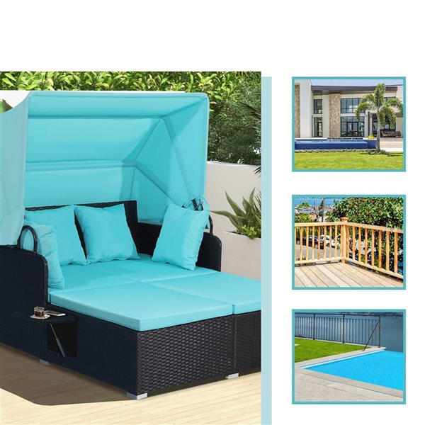 Costway Black Patio Rattan Daybed Lounge with Retractable Top Canopy and Side Tables - Turquoise Cushions