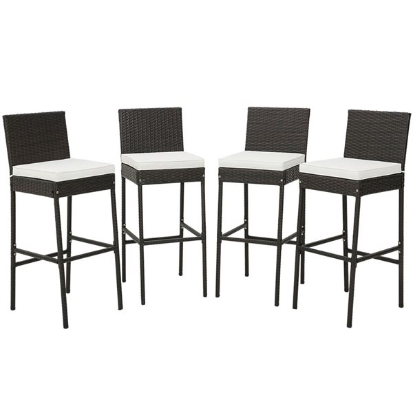 Costway 4-Piece Mix Brown Patio Wicker Barstools with Off-White Cushions